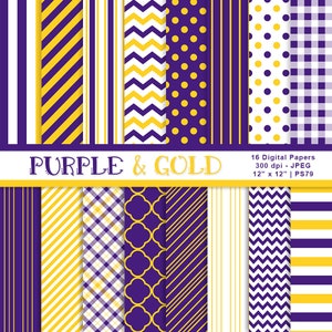 Purple & Gold Digital Papers, School Colors, Printable Digital Backgrounds, Team Colors Scrapbook Paper, Stripes, Commercial Use, Item PS79