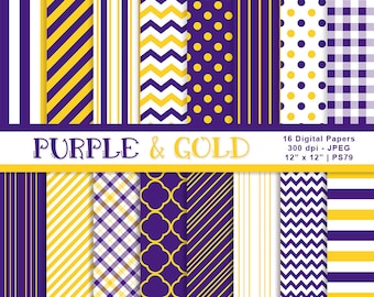 Purple & Gold Digital Papers, School Colors, Printable Digital Backgrounds, Team Colors Scrapbook Paper, Stripes, Commercial Use, Item PS79