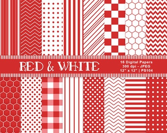 Red & White Paper, Digital Scrapbook Papers, Red Backgrounds, Patterned Papers, Red Papers, Printable Paper, Commercial Use, Item PS104