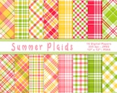 Summer Plaids Digital Paper, Plaid Background Paper, Printable Plaids, Tropical Backgrounds, Scrapbook Paper, Commercial Use, Item PS64