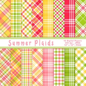 Summer Plaids Digital Paper, Plaid Background Paper, Printable Plaids, Tropical Backgrounds, Scrapbook Paper, Commercial Use, Item PS64