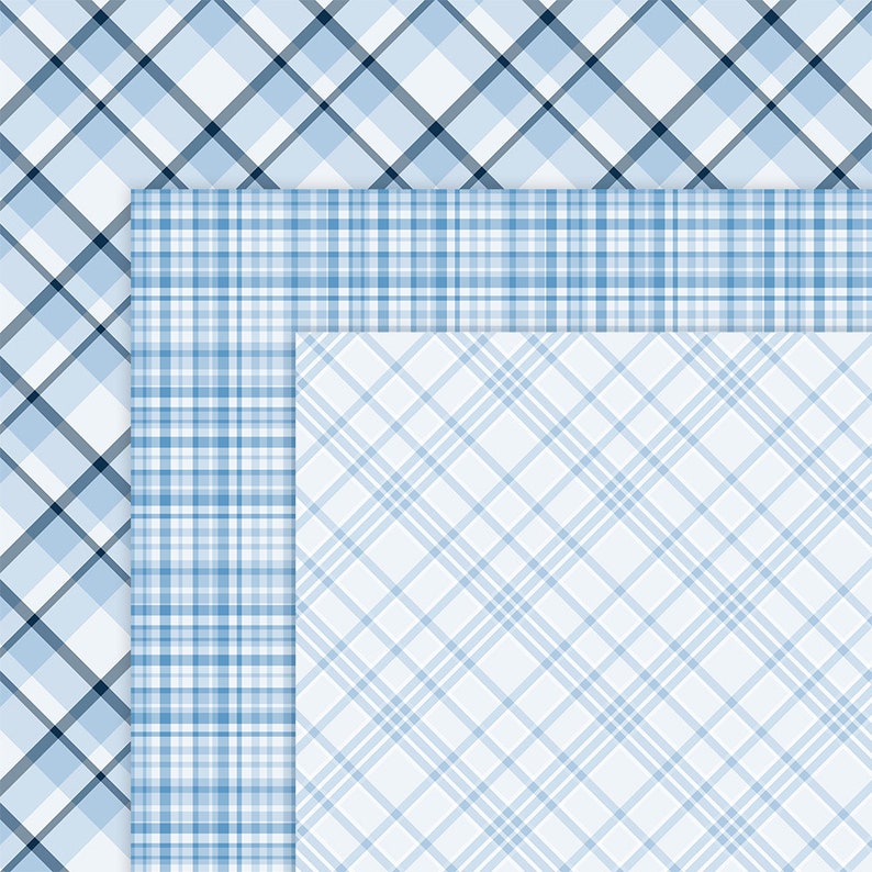 May include: Three different blue and white plaid patterns. The top pattern has a diagonal plaid design. The middle pattern has a horizontal plaid design. The bottom pattern has a diagonal plaid design.