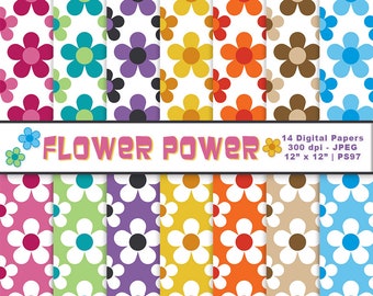 Flower Power Digital Paper, Flower Clipart, Floral Backgrounds, Flower Scrapbook Printables, Floral Graphics, Commercial Use, Item PS97