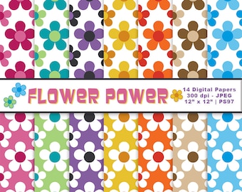 Flower Power Digital Paper, Flower Clipart, Floral Backgrounds, Flower Scrapbook Printables, Floral Graphics, Commercial Use, Item PS97