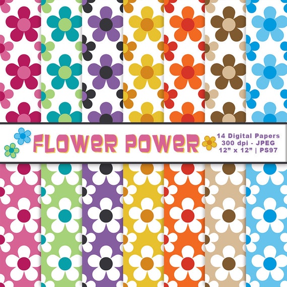 Flower Power Digital Paper, Flower Clipart, Floral Backgrounds, Flower Scrapbook Printables, Floral Graphics, Commercial Use, Item PS97
