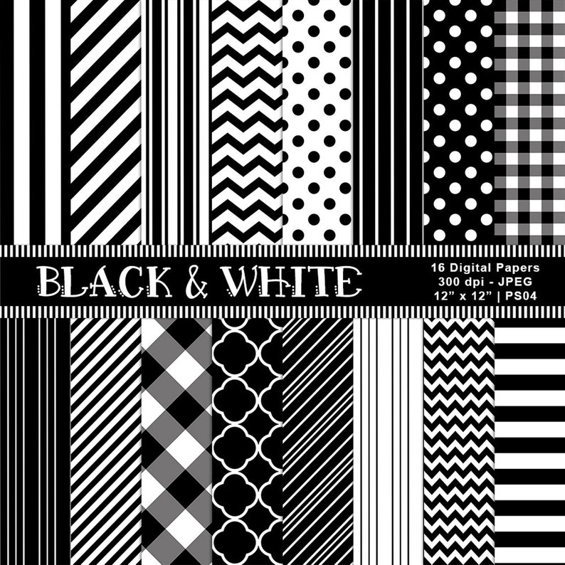 May include: Set of 16 digital papers in black and white with various geometric patterns, including stripes, polka dots, chevrons, and gingham. The papers are 12 inches by 12 inches and 300 dpi.