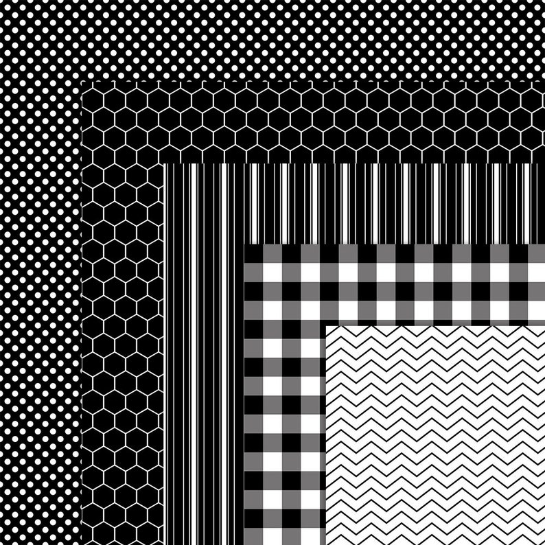May include: A digital paper pack with 6 different black and white patterns. The patterns include polka dots, honeycomb, stripes, plaid, chevron, and a solid black background.