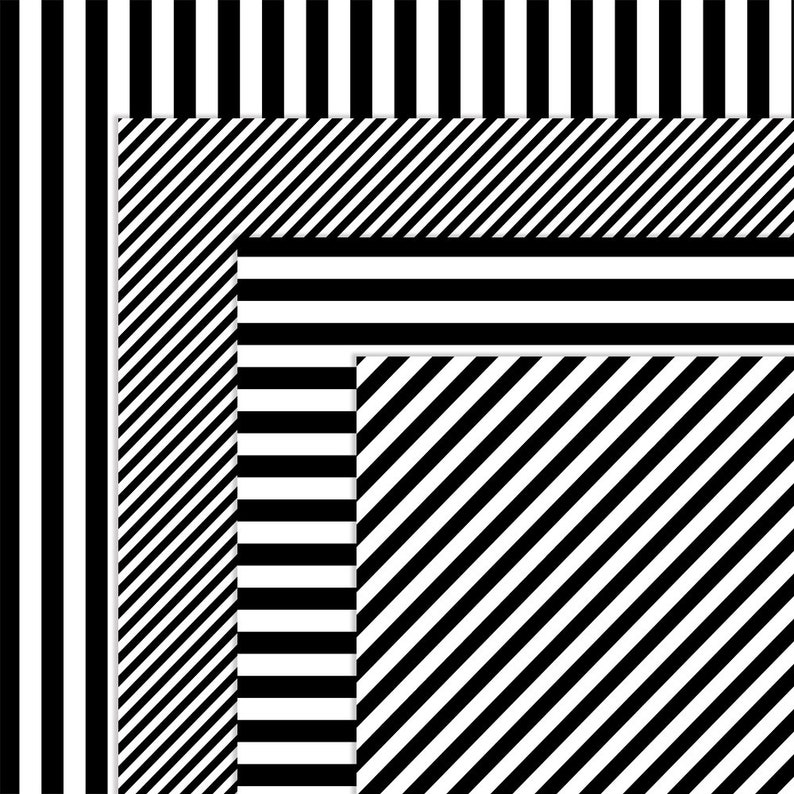 May include: Abstract geometric pattern with black and white stripes and diagonal lines. The pattern is layered with different sized squares, creating a visual illusion of depth.