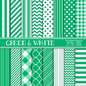 Papel digital verde y blanco, papel de álbum de recortes verde, papel de fondo digital, papel estampado, uso comercial, descarga instantánea, artículo PS47