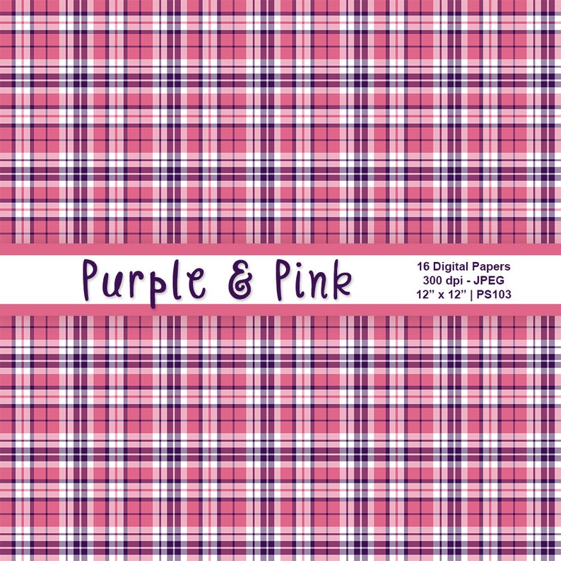 Purple and Pink Digital Paper, Scrapbook Paper, Purple Backgrounds, Pink Backgrounds, Polka Dots, Plaid Patterns, Commercial Use, Item PS103 image 6