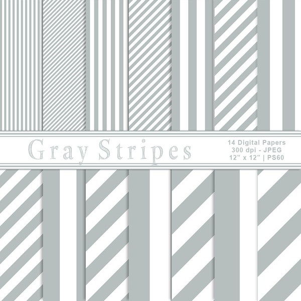 Gray & White Striped Digital Papers, Striped Paper, Digital Backgrounds, Printable Paper, Scrapbook Paper, Commercial Use, Item PS60