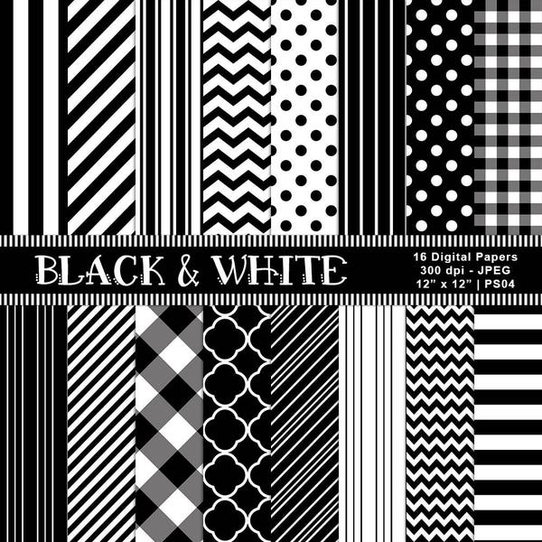 Black & White Digital Papers, Patterned Paper, Digital Scrapbook Papers, Background Paper, Commercial Use, Instant Download, Item PS04