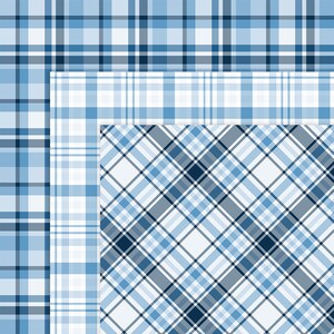 May include: Three different blue and white plaid patterns. The top pattern has a light blue background with darker blue stripes. The middle pattern has a white background with light blue stripes. The bottom pattern has a white background with diagonal blue and light blue stripes.