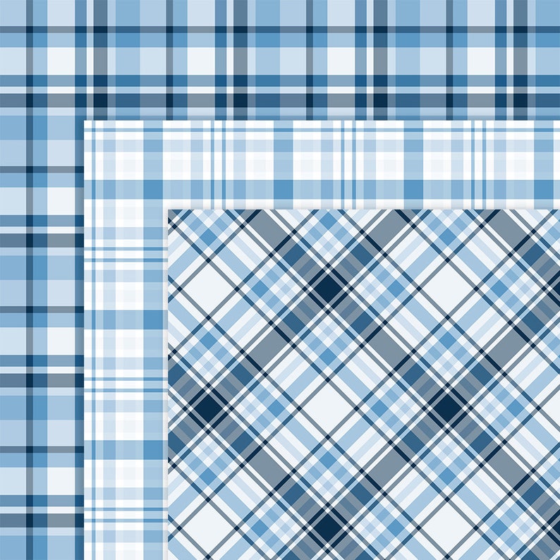 May include: Three different blue and white plaid patterns. The top pattern has a light blue background with darker blue stripes. The middle pattern has a white background with light blue stripes. The bottom pattern has a white background with diagonal blue and light blue stripes.