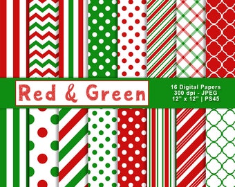 Red and Green Digital Paper, Christmas Scrapbook Paper, Printable Paper, Digital Backgrounds, Patterned Paper, Commercial Use, Item PS45