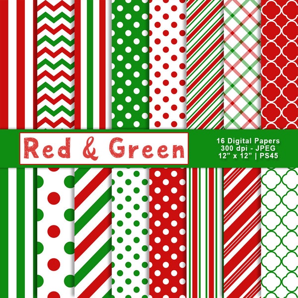 Red and Green Digital Paper, Christmas Scrapbook Paper, Printable Paper, Digital Backgrounds, Patterned Paper, Commercial Use, Item PS45