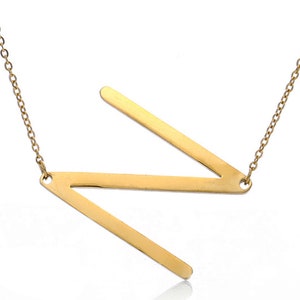 Oversized Gold Plated Initial Necklace - Stainless Steel Sideways Letter Pendant