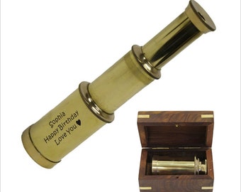 Personalized Engraved Solid Brass Handheld 6" Telescope - Customized Nautical Pirate Spy Glass with Wood Box -Birthday Gift