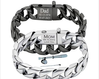 Personalized Cuban Link Cremation Bracelet: Stainless Steel Ashes Urn, Memorial Gift