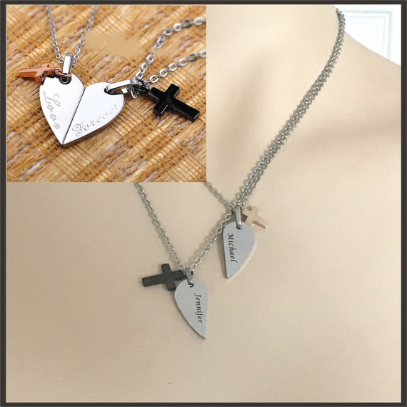 Personalized Split Heart Cross  Necklace Set Stainless Steel