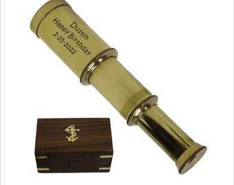 Personalized Engraved Solid Brass Handheld 6" Telescope - Customized Nautical Pirate Spy Glass with Wood Box -Christmas Gift