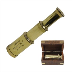 Personalized Engraved Solid Brass Handheld 6&quot; Telescope - Customized Nautical Pirate Spy Glass with Wood Box -Wedding Flower Girl Gift