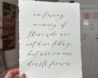 Letrero conmemorativo de caligrafía hecha a mano, papel con bordes desbarbados, boda en memoria