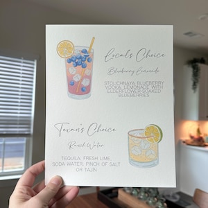May include: A white menu card featuring two cocktail illustrations. The top section, Locals Choice, shows a blueberry lemonade with vodka. The bottom section, Texan's Choice, displays a ranch water cocktail with tequila, lime, soda, and salt or tajin.