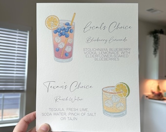 Menú de bebidas y barra de firma impreso personalizado para bodas y eventos en papel texturizado.