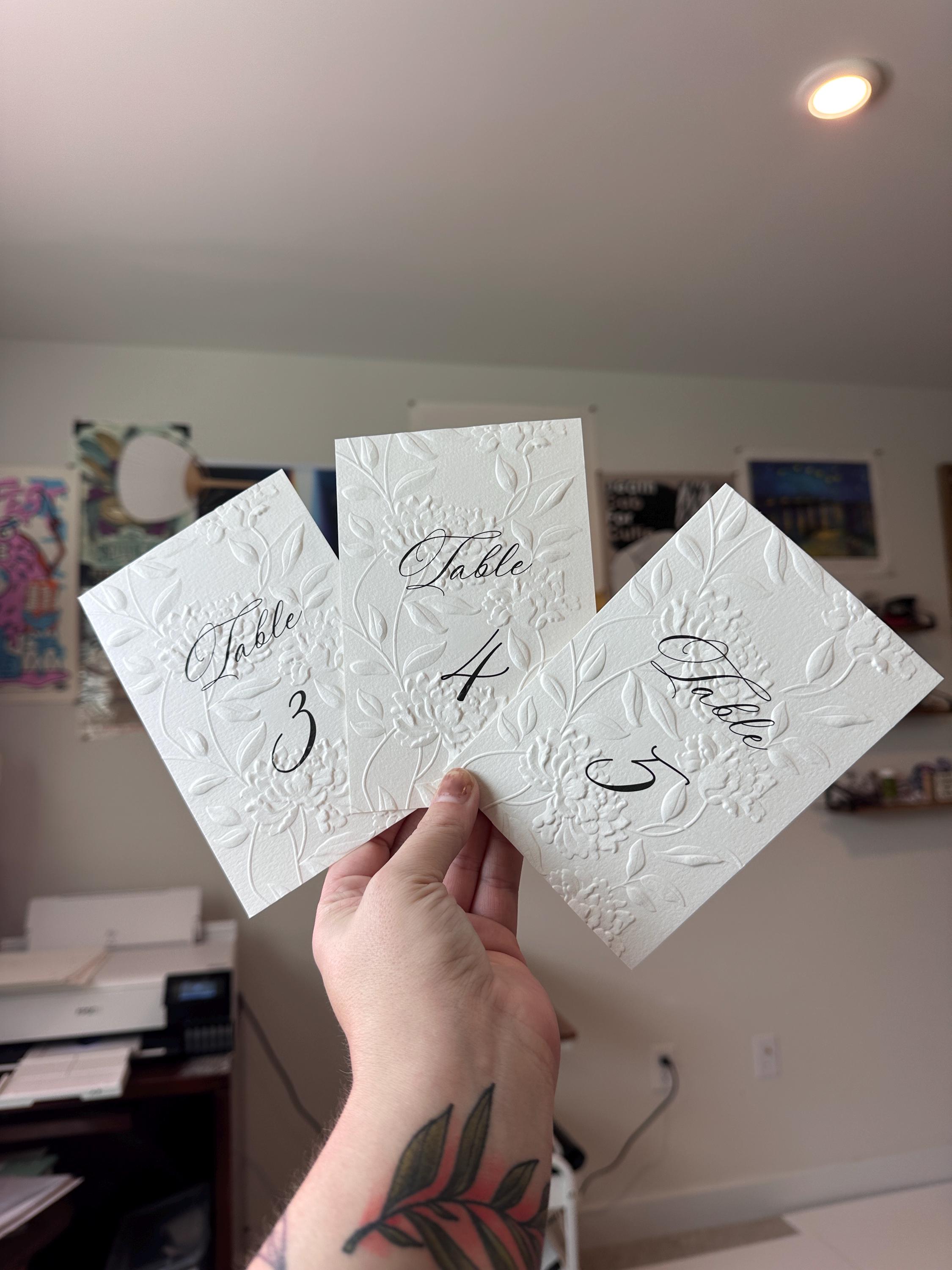 Embossed Printed Paper Table Numbers, Deckled Edge Embossed Handmade ...