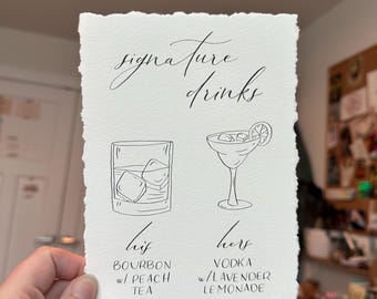 Menú de barra y bebidas personalizado con firma para bodas u otros eventos, menú de barra con caligrafía con pluma puntiaguda, menú de barra de papel con bordes desbarbados