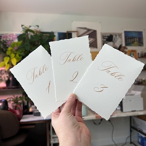 May include: Three white paper table cards with deckled edges, each featuring the word "Table" in elegant gold script. Numbers 1, 2, and 3 are written below. The cards are held up in front of a blurred background.