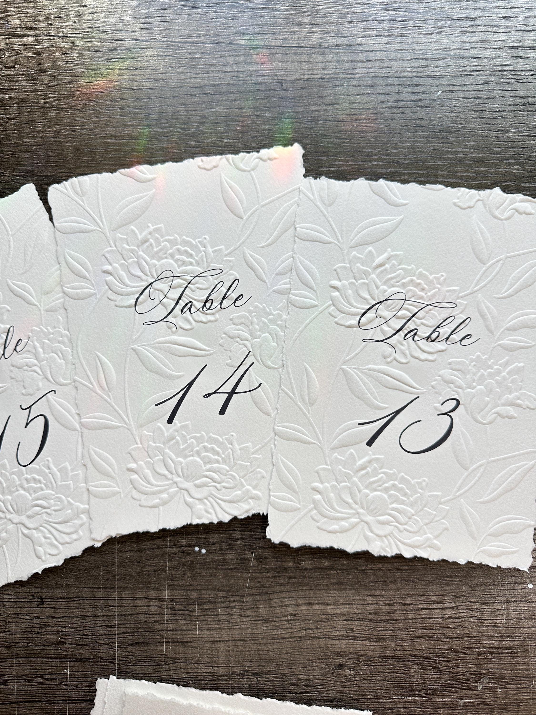 Embossed Printed Paper Table Numbers, Deckled Edge Embossed Handmade ...