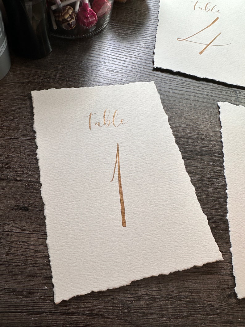 Deckled edge paper table numbers for wedding frames, hand torn deckled edge table numbers, calligraphy table numbers on textured paper image 8