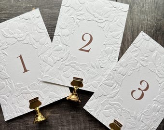 Brown Black Sage Embossed Printed Paper Table Numbers, Deckled Edge embossed handmade paper