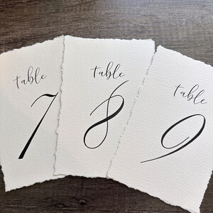Deckled edge paper table numbers for wedding frames, hand torn deckled edge table numbers, calligraphy table numbers on textured paper image 3