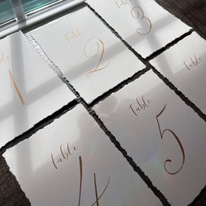 Deckled edge paper table numbers for wedding frames, hand torn deckled edge table numbers, calligraphy table numbers on textured paper image 7