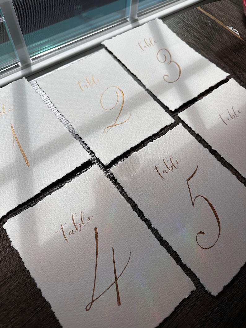 Deckled edge paper table numbers for wedding frames, hand torn deckled edge table numbers, calligraphy table numbers on textured paper image 7