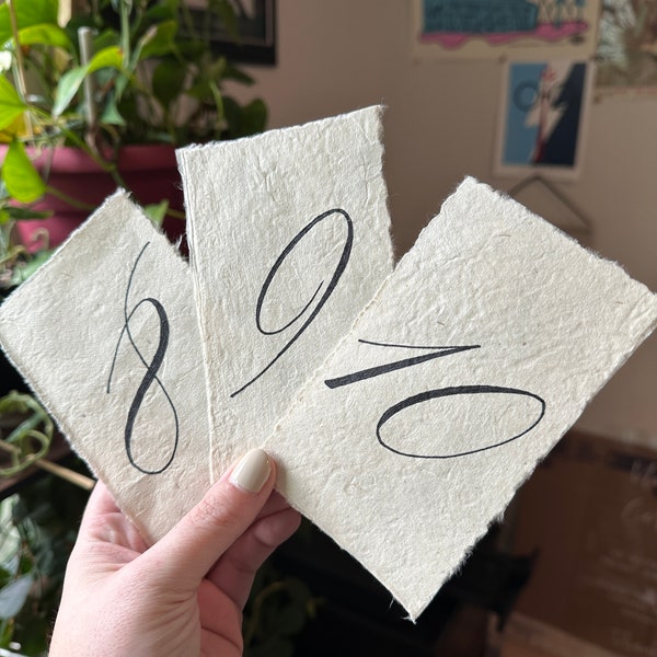 Hand torn deckled table numbers on handmade paper, script calligraphy table numbers on textured paper, paper table numbers, garden party