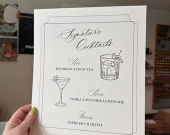 Custom printed signature bar and drink menu for weddings and events on textured paper