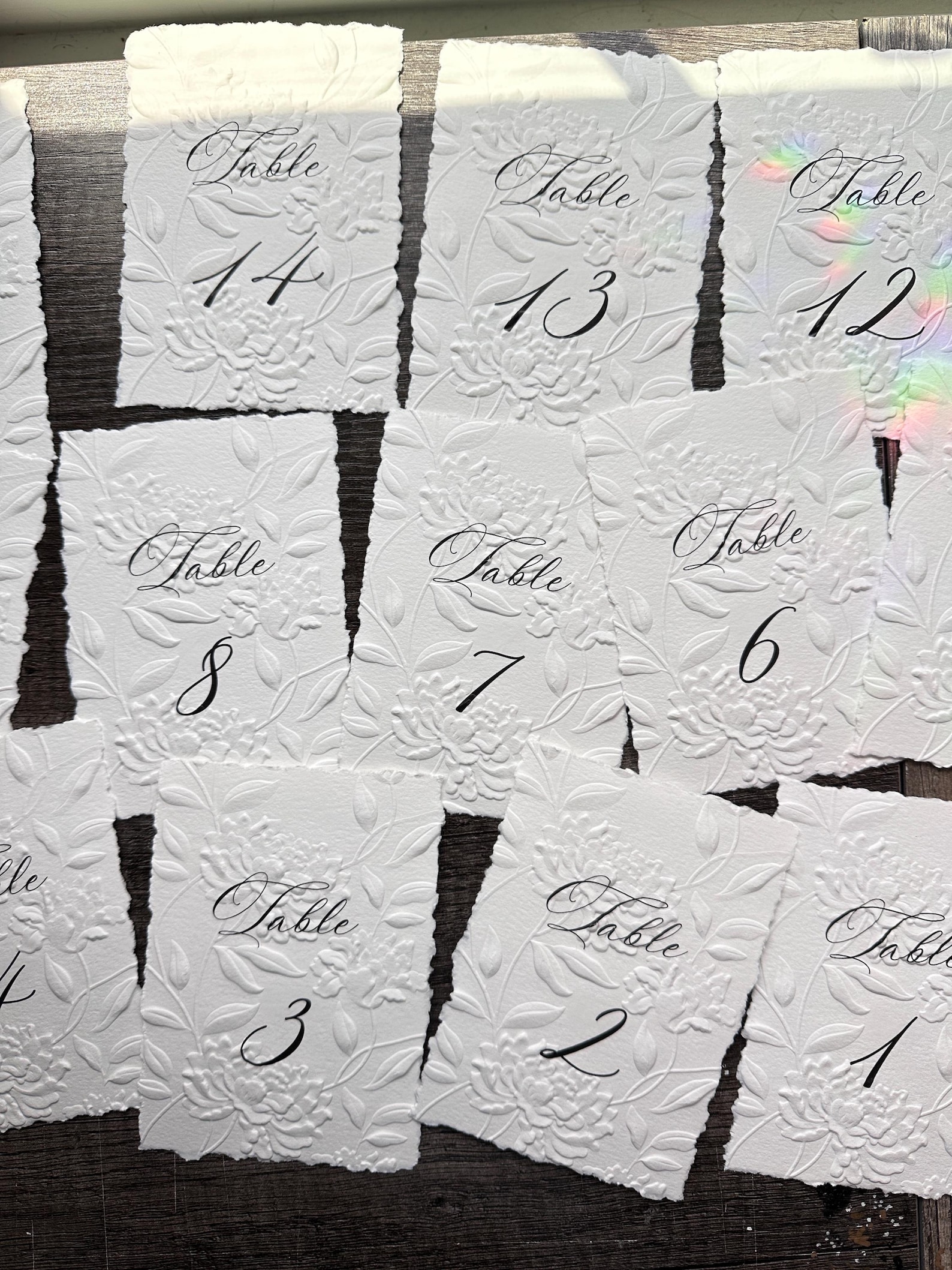 Embossed Printed Paper Table Numbers, Deckled Edge Embossed Handmade ...
