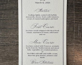 Menú personalizado de 4x8 pulgadas con bordes irregulares y rasgados a mano en papel para bodas y eventos, menús para eventos y tarjetas de agradecimiento para bodas, menú personalizado en papel