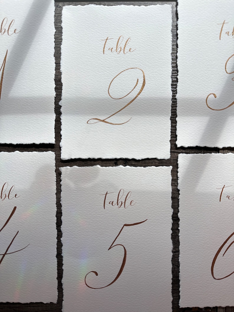 Deckled edge paper table numbers for wedding frames, hand torn deckled edge table numbers, calligraphy table numbers on textured paper image 6