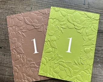 Chocolate Brown Chartreuse Olive Green Printed Embossed Paper Table Numbers