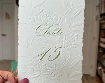 Sage Green Embossed Floral Paper Table Numbers, Deckled Edge Calligraphy, Garden Party Stationery