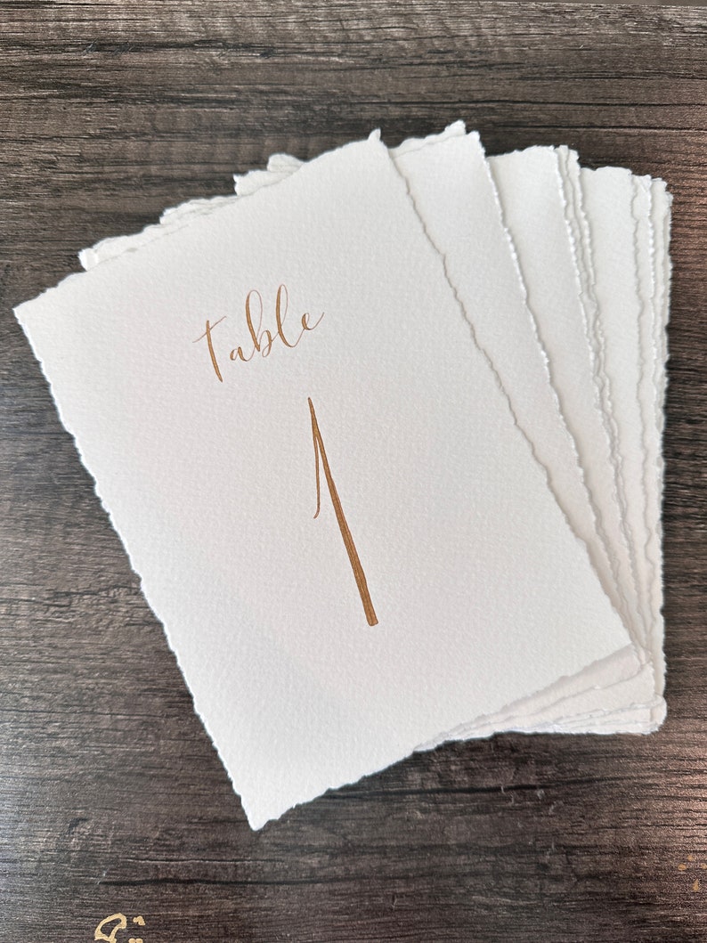 Deckled edge paper table numbers for wedding frames, hand torn deckled edge table numbers, calligraphy table numbers on textured paper image 1