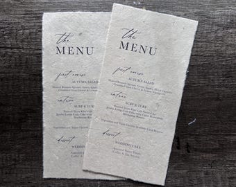 Menú de papel personalizado hecho a mano, borde desbarbado, para bodas