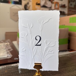 Calla Lily embossed 4x6 table numbers with deckled or straight edge for weddings or other events