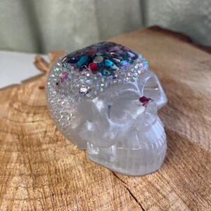 Resin Rhinestone Skull, white shimmer with shell Flakes, Shelf Decor