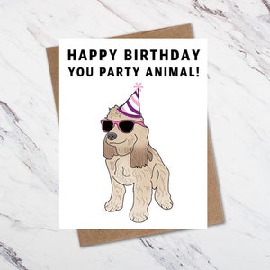 Carte d’anniversaire d’animal de fête, carte de chien de lunettes de soleil drôles, carte d’anniversaire Doodle